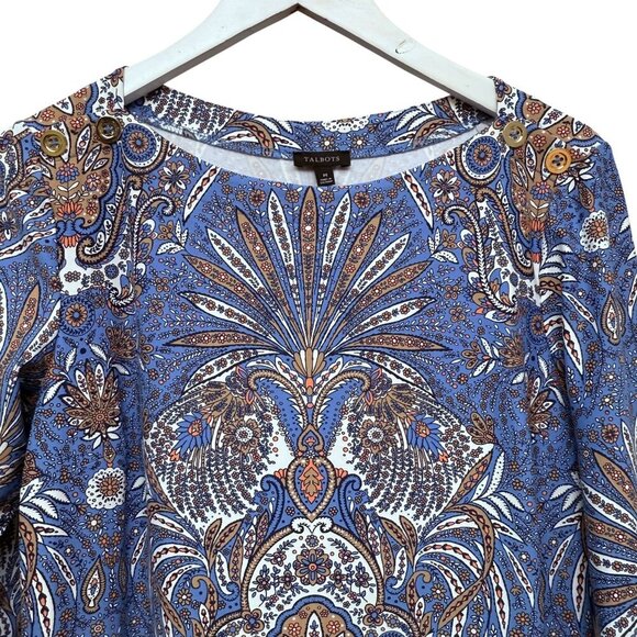 TALBOTS Effortless Jersey Shift Dress Medium Baroque Paisley Blue Stretch - Picture 3 of 10